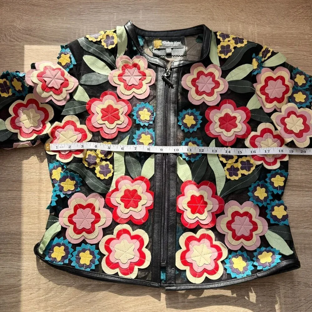 Dakota West Short Art Deco Leather Jacket Black Floral Medium